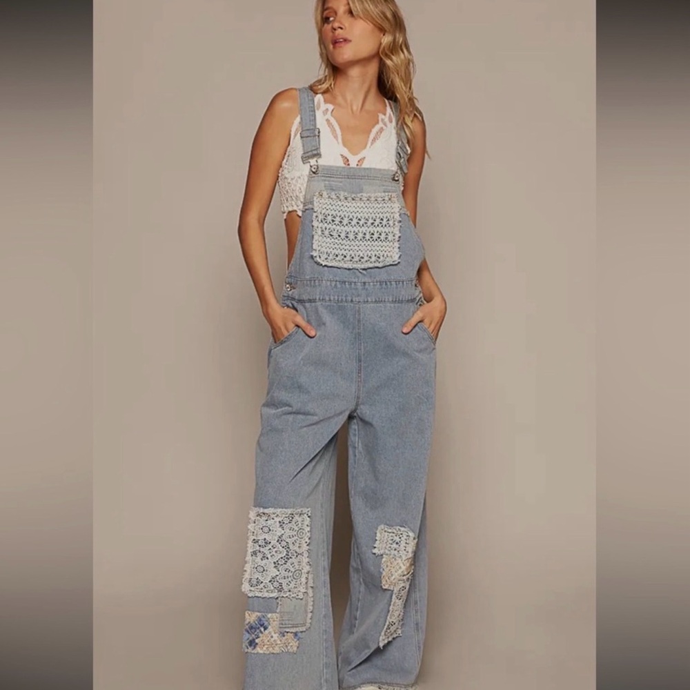 POL Light Blue Denim Overalls with Crochet & Lace Patchwork